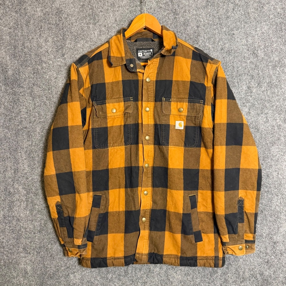 Carhartt Relaxed Fit Sherpa Lined Flannel Shirt Jacket Orange Black Plaid 104911